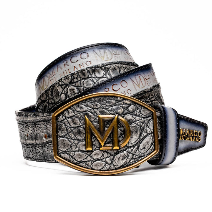 Silvio Genuine Caiman Fuscus-Back Gray Belt with a Silver Buckle | Marco Di Milano Exotic Belt